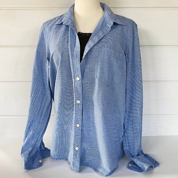 GAP Boyfriend Seersucker Stripe Button Down Shirt L Blue Classic Preppy Nautical - Picture 5 of 12
